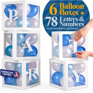 May include: Six white cardboard boxes with clear plastic windows, each containing blue and silver balloons. The boxes are stacked to spell the word "PARTY".  78 adhesive letter and number stickers are included.