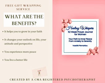 Puede incluir: Un gráfico rosa y blanco con el texto "FREE GIFT WRAPPING SERVICE" y "WHAT ARE THE BENEFITS?" con una lista de beneficios. El gráfico también incluye una imagen rosa y blanca de un libro titulado "Healing Whispers 52 Week Prayer Journal for Women Your Path to Inner Peace From Anxiety to Serenity Vassiliki Plomaritou".
