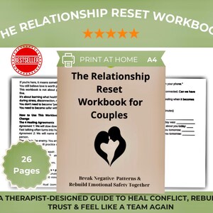 以下が含まれることがあります： 「The Relationship Reset Workbook for Couples」というタイトルのワークブック。2人の人のハート型のシルエットが描かれています。表紙には「Break Negative Patterns & Rebuild Emotional Safety Together」というテキストが含まれています。ワークブックは26ページです。