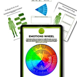 May include: A tablet displaying an Emotions Wheel, alongside worksheets for feelings processing. The wheel is a colourful diagram with emotion names. Additional sheets include a body scan and a feelings processing guide. The tablet has a green border.