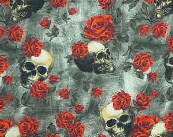 Skulls with Red Roses on black print  Cotton Novelty Fabric  by the 1/2 Yard