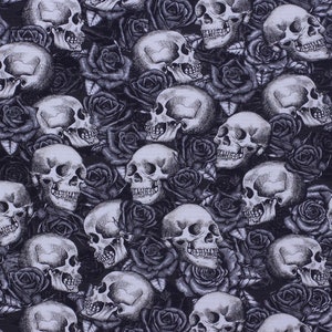 Skulls with Roses Gothic Tattoo Black toned beautiful Cotton Novelty Fabric  by the 1/2 Yard