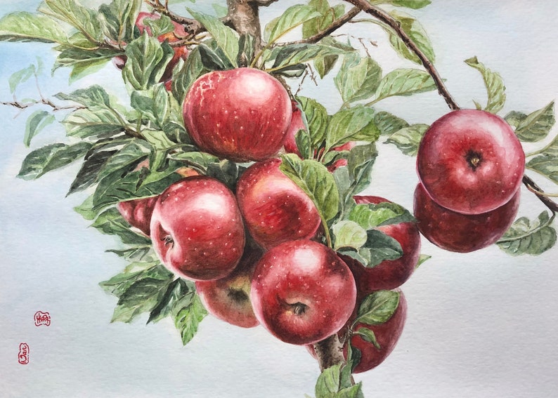 Apples in the tree watercolor painting Etsy