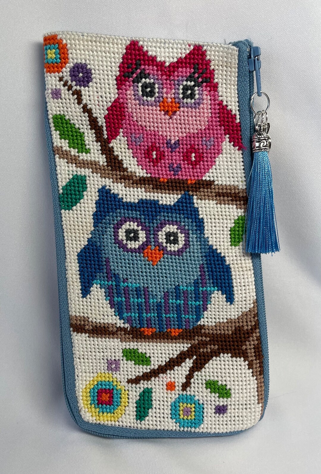 A Finished Needlepoint Eyeglass Case With a Pink and a Blue Etsy
