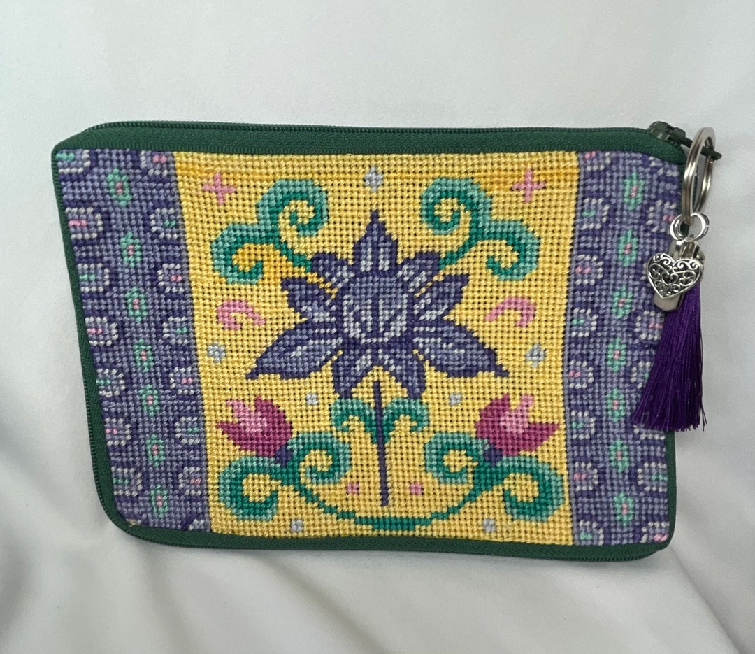 A Finished Needlepoint Purse/cosmetic Bag With Lotus Flower in the