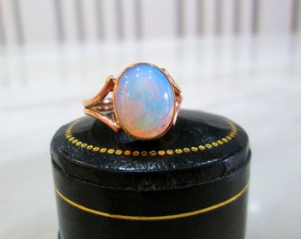 Antique 9ct Rose Gold Natural Solid Oval Cut Fiery Opal Bezel Set Solitaire Ring 9k Size H US 3 3/4