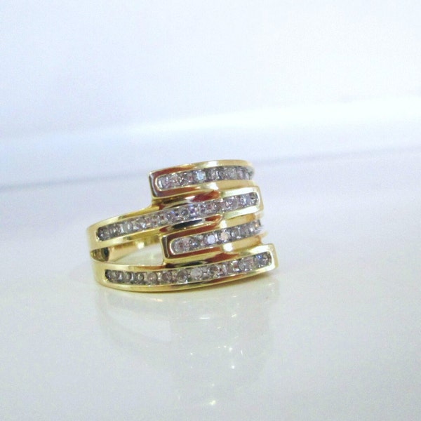 9ct Yellow Gold Natural Channel Set Round Cut Diamond 4 Multiple Row Eternity Band Statement Ring Size N US 6 1/2 9k