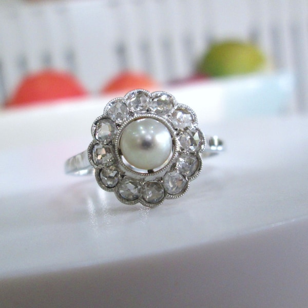 Antique French 18ct White Gold & Platinum Pearl and Natural Old Rose Cut Diamond Cluster Engagement Flower Ring Size R 1/2 US 8 7/8 18k