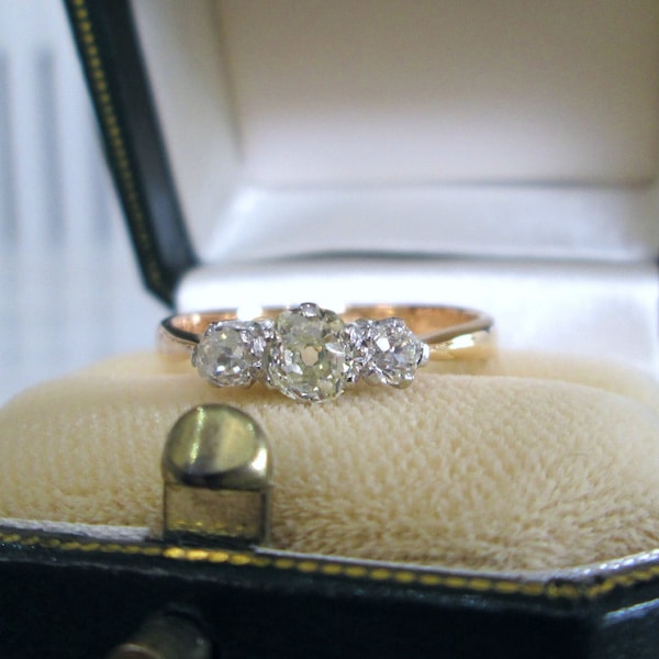 Antique 22ct Solid Yellow Gold Three Stone Natural Old Mine Cushion Cut Diamond Trilogy Engagment Ring Size U US 10 1/4 22k