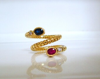 Vintage 18ct Yellow Gold Natural Bezel Set Ruby Sapphire & Diamond Spiral Snake Flexible Wrap Twist Ring 18k