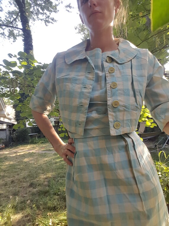 Vintage 1950s Blue/White Gingham Wiggle Dress Set