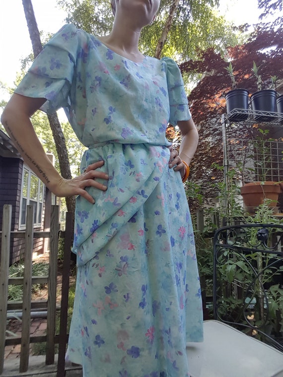 Vintage 1980s Teal Floral Ruffle Dress