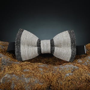 Handmade Linen Bow Tie - Neutral Beige and Black Stripes - Rustic Boho Farmhouse Wedding Accessory
