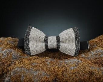 Handmade Linen Bow Tie - Neutral Beige and Black Stripes - Rustic Boho Farmhouse Wedding Accessory