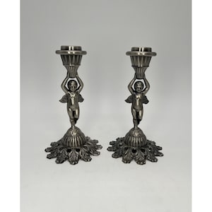 PAIR Vintage Cherub Cupid Angels Hearts Silver Tone Tall Candle Stick Holders 7”