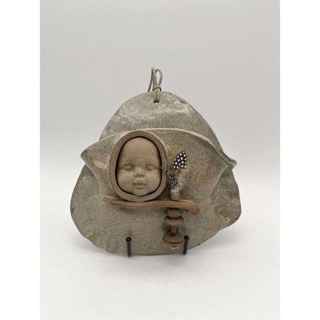 Native American Studio Art Pottery Clay Beads Feather Wall Pocket Baby ...