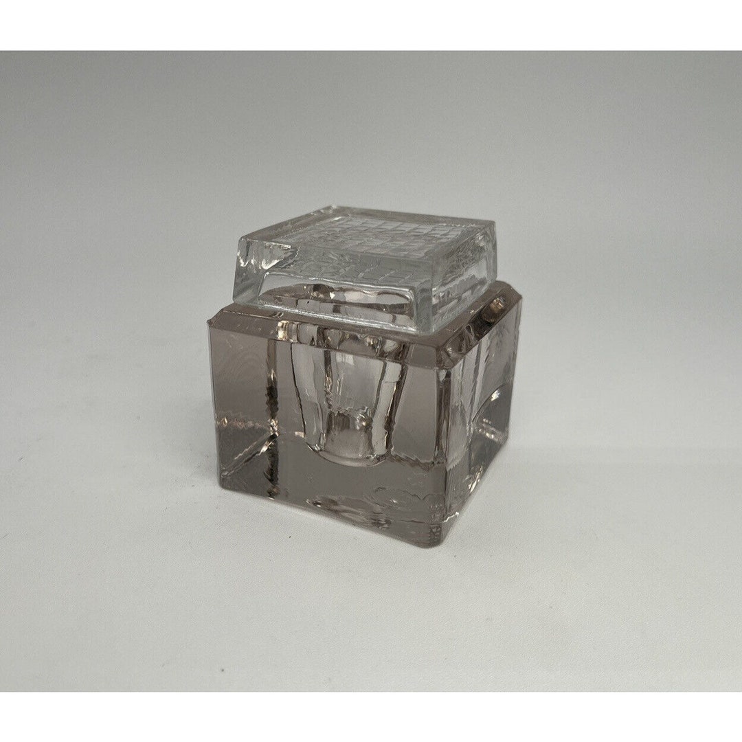Vintage Glass Inkwell Jar Calligraphy Accessory Cube Art Deco Smokey
