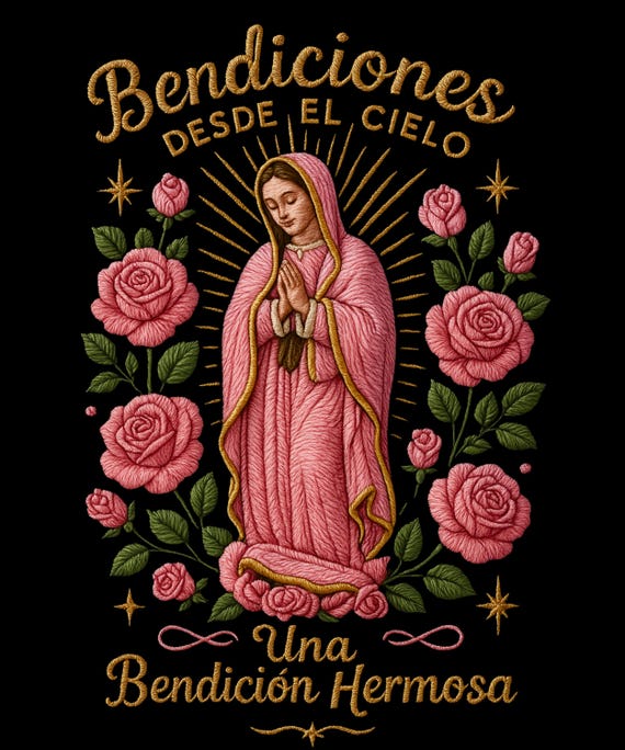 Bendiciones Desde El Cielo PNG, Religious Virgin Mary Embroidery Style Design, Spanish Faith Floral Sublimation File