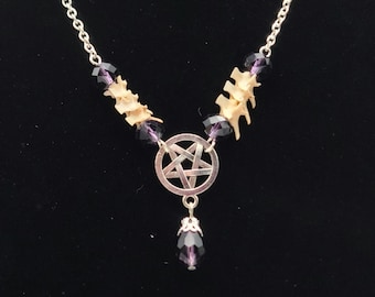 Purple pentagram snake vertebrae bone pendant necklace with glass beads, vulture culture jewelry, real snake bone, dark cottagecore