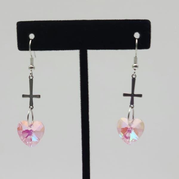 Pink heart upside down cross earrings, pastel goth heart jewelry, pink goth jewelry, st. Peter's cross, inverted cross earrings