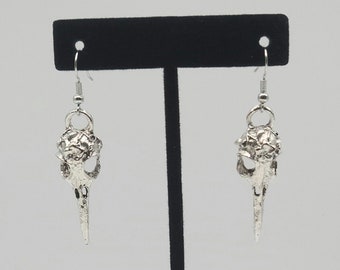 Silver bird skull charm earrings