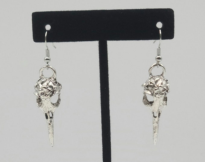 Silver bird skull charm earrings