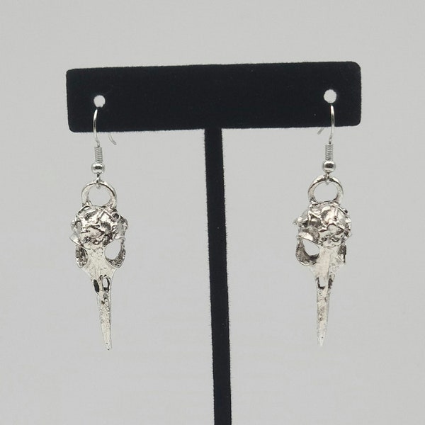 Silver bird skull earrings, spooky skull jewelry, scary accessories, creepy cute jewelry, crow skull earrings,  raven skull