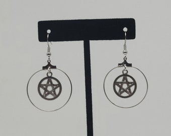 Silver pentagram hoop earrings, goth pentagram jewelry, pentagram gift for friend, silver pentagram accessories, goth birthday gift