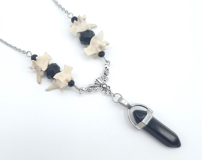 Black obsidian and snake vertebrae necklace