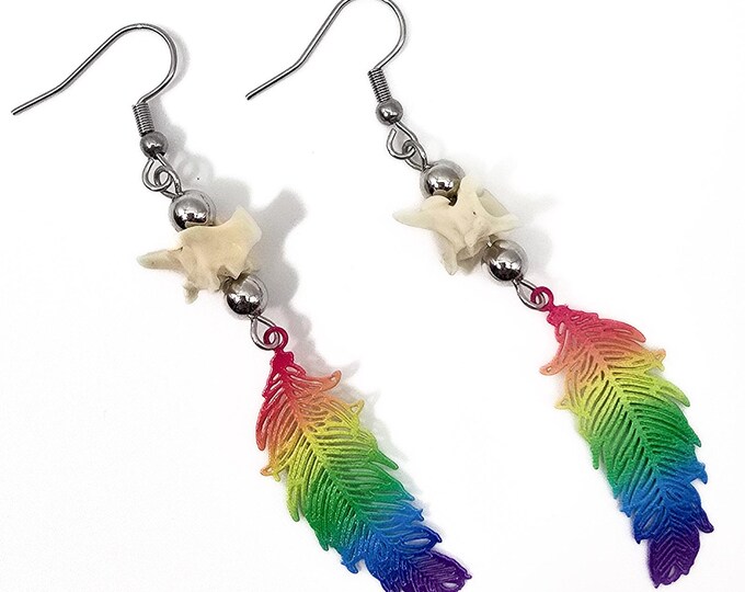 Rainbow feather and rattlesnake vertebrae earrings