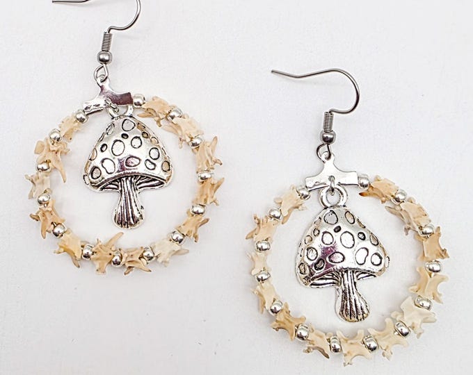 Mushroom charm and rattlesnake vertebrae hoop earrings