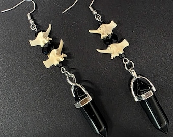Obsidian and snake vertebrae earrings, bone dangle earrings, obsidian charm, vulture culture, real animal bone jewelry