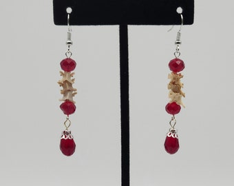 Red glass teardrop snake bone earrings, real bone jewelry, snake vertebrae accessories, dark cottagecore, vulture culture earrings