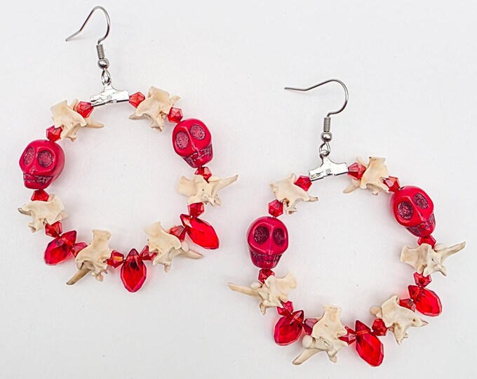 Red skull and rattlesnake vertebrae hoop earrings