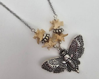 Silver death's head hawkmoth necklace, snake bone necklace, real bone jewelry, snake vertebrae, death moth accessories, dark cottagecore