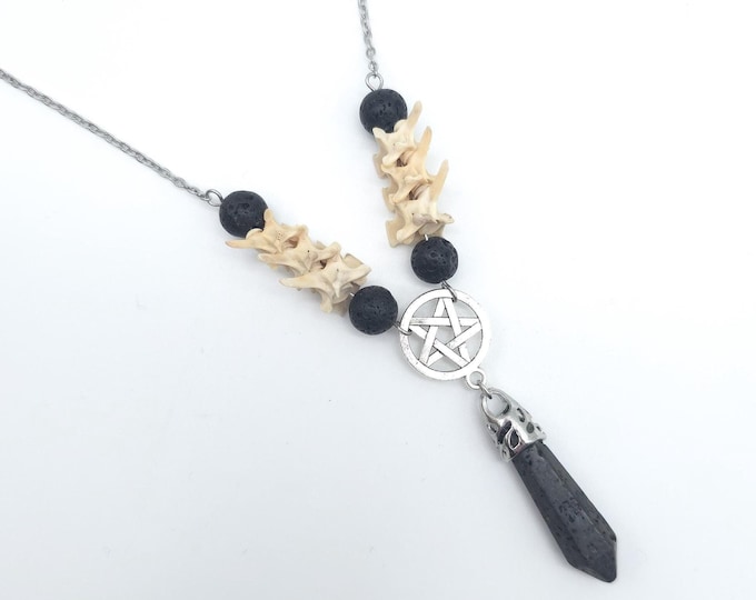 Lava rock, pentagram, and snake vertebrae necklace