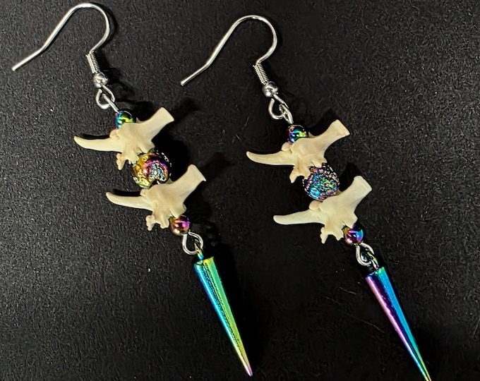 Iridescent rainbow spike rattlesnake vertebrae earrings