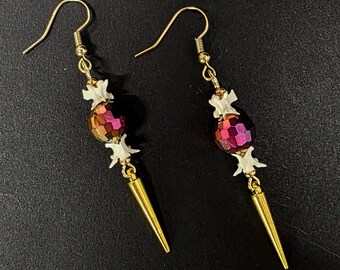 18k gold plated rainbow spike snake bone earrings, real bone jewelry, snake vertebrae accessories, dark cottagecore, vulture culture