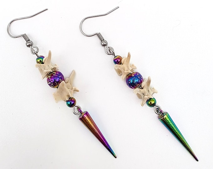 Iridescent rainbow spike rattlesnake vertebrae earrings