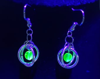 Uranium glass UFO earrings, vintage glass jewelry, vaseline glass beads, steampunk gift for friend
