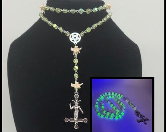 Gothic bone and uranium glass rosary, Baphomet and pentagram rattlesnake vertebrae jewelry, goblincore oddity Rosary, Satanic jewelry