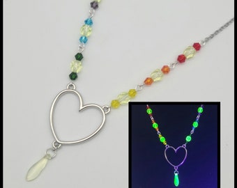 Rainbow Pride uranium glass necklace, LGBT glowing heart necklace, blacklight glow, gay pride accessories, UV pride party jewelry