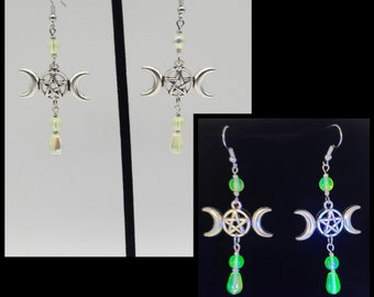 Silver triple moon pentagram uranium glass earrings, wiccan earrings, pagan jewelry, blacklight reactive, vaseline glass celestial jewelry