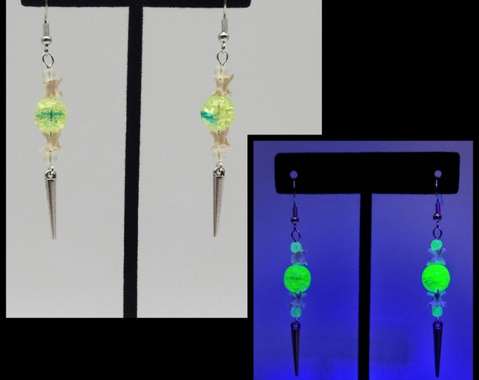 Blue green uranium glass, snake vertebrae, and spike earrings