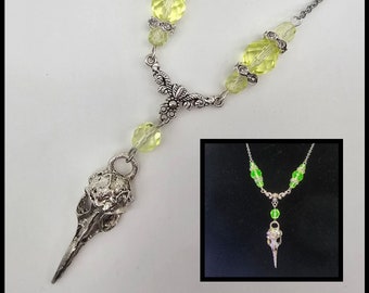 Bird skull uranium glass necklace, raven, crow necklace, vaseline depression glass jewelry, blacklight glow jewelry, uv party accessories