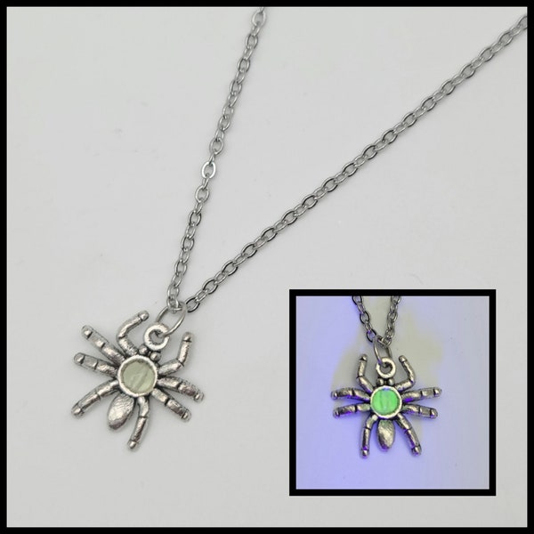 Silver spider uranium glass necklace, glowing spider necklace, vaseline depression glass jewelry, blacklight glow, arachnid jewelry