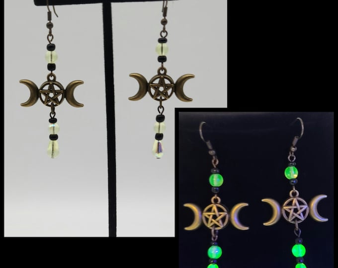 Bronze triple moon uranium glass earrings