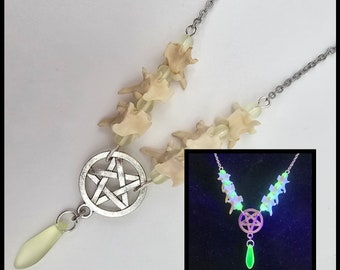Pentagram snake bone and uranium glass necklace