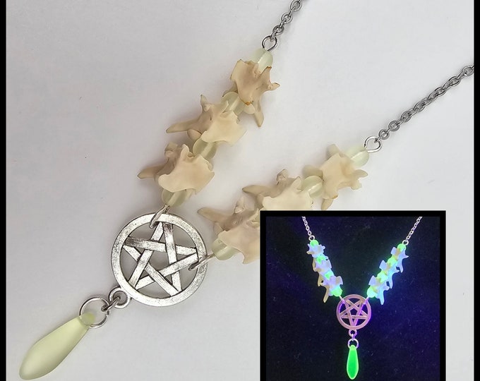 Pentagram snake bone and uranium glass necklace