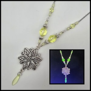 Silver flower uranium glass necklace, flower necklace, vaseline depression glass jewelry, blacklight glow jewelry, uv party accessories